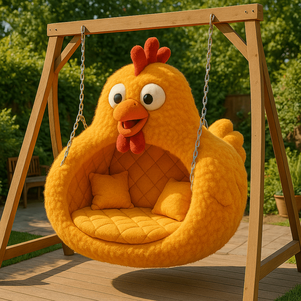 Bright orange chicken-shaped garden swing chair with cushions on wooden frame