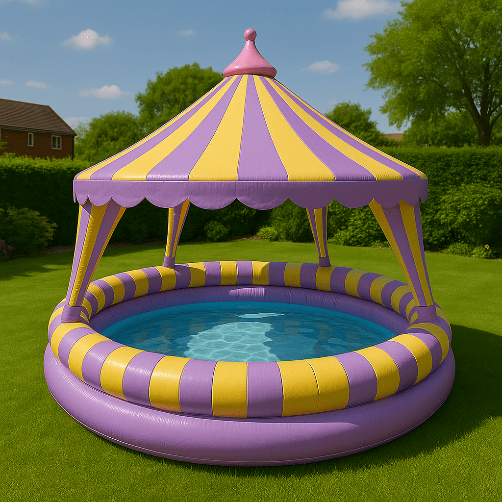 Colourful inflatable paddling pool with circus-style canopy in lilac, yellow, and pink on green grass