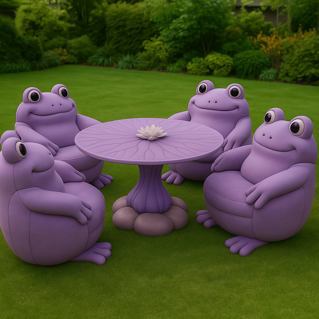 Four lavender frog-shaped garden chairs with a matching lotus table on green lawn