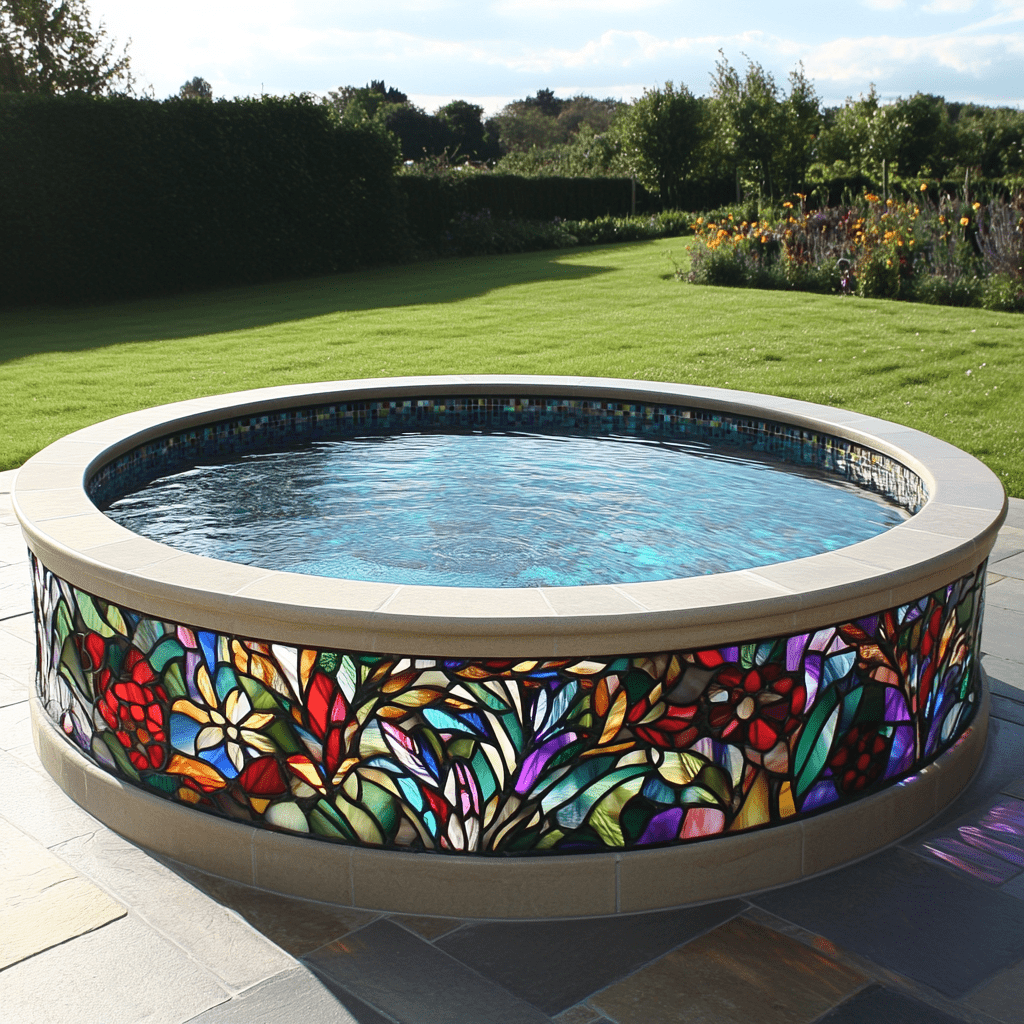 Oval stained glass plunge pool with pastel floral patterns in a landscaped back garden