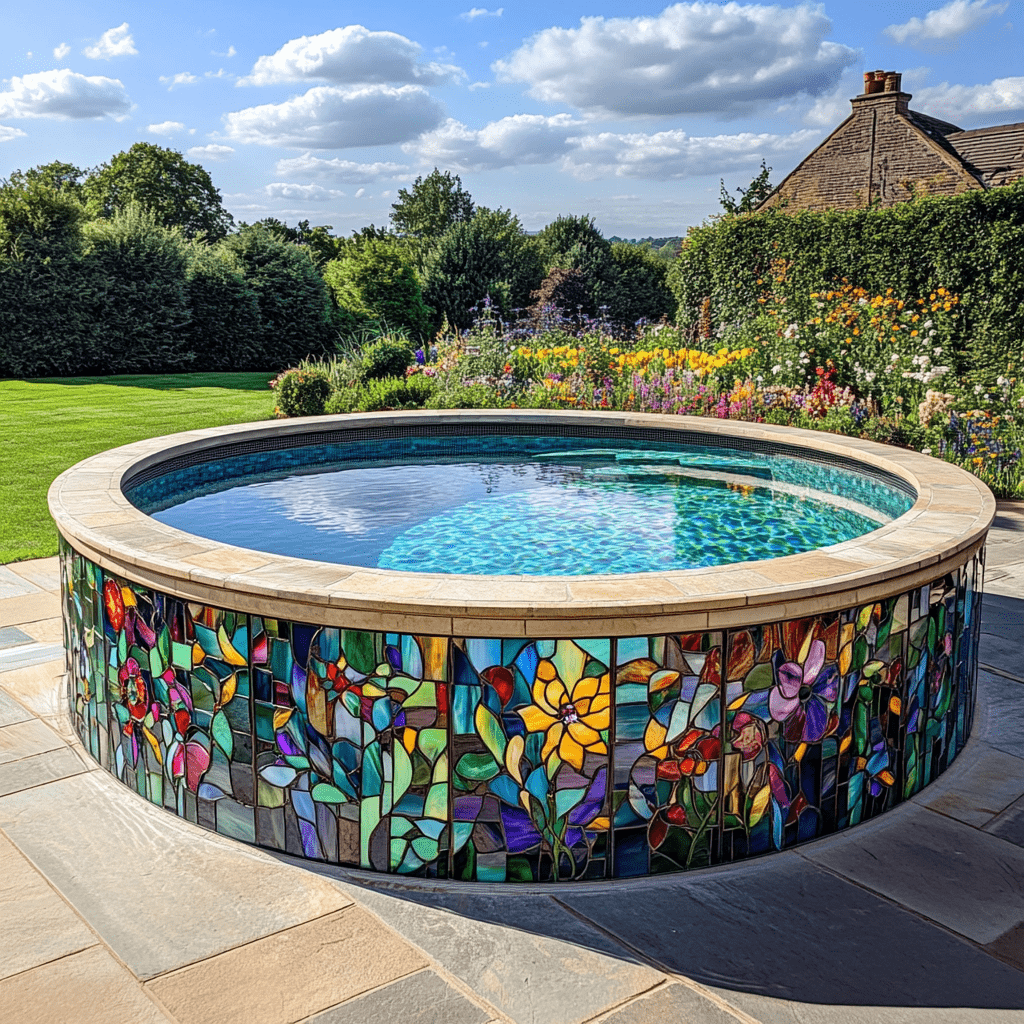 Colourful stained glass plunge pool surrounded by lush countryside garden flowers and stone patio