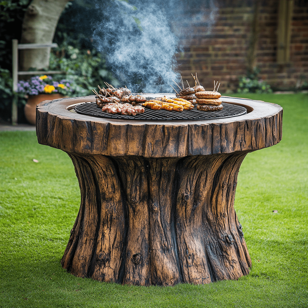 Realistic tree stump-style barbecue with open grill smoking meats and sausages on a green lawn.