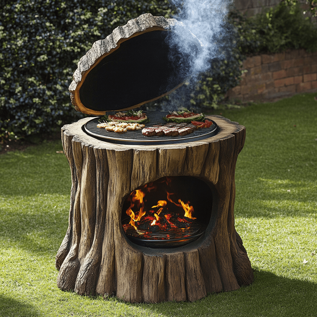 Novelty tree stump garden barbecue with visible fire chamber and sizzling food on top in a lush garden setting.