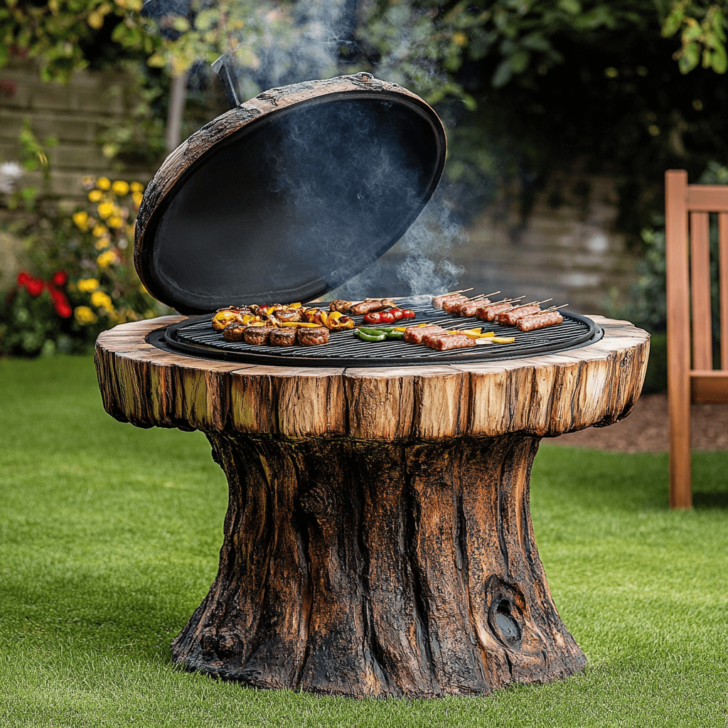 Rustic tree stump-shaped barbecue with lid open, grilling skewered meats and vegetables in a British garden.