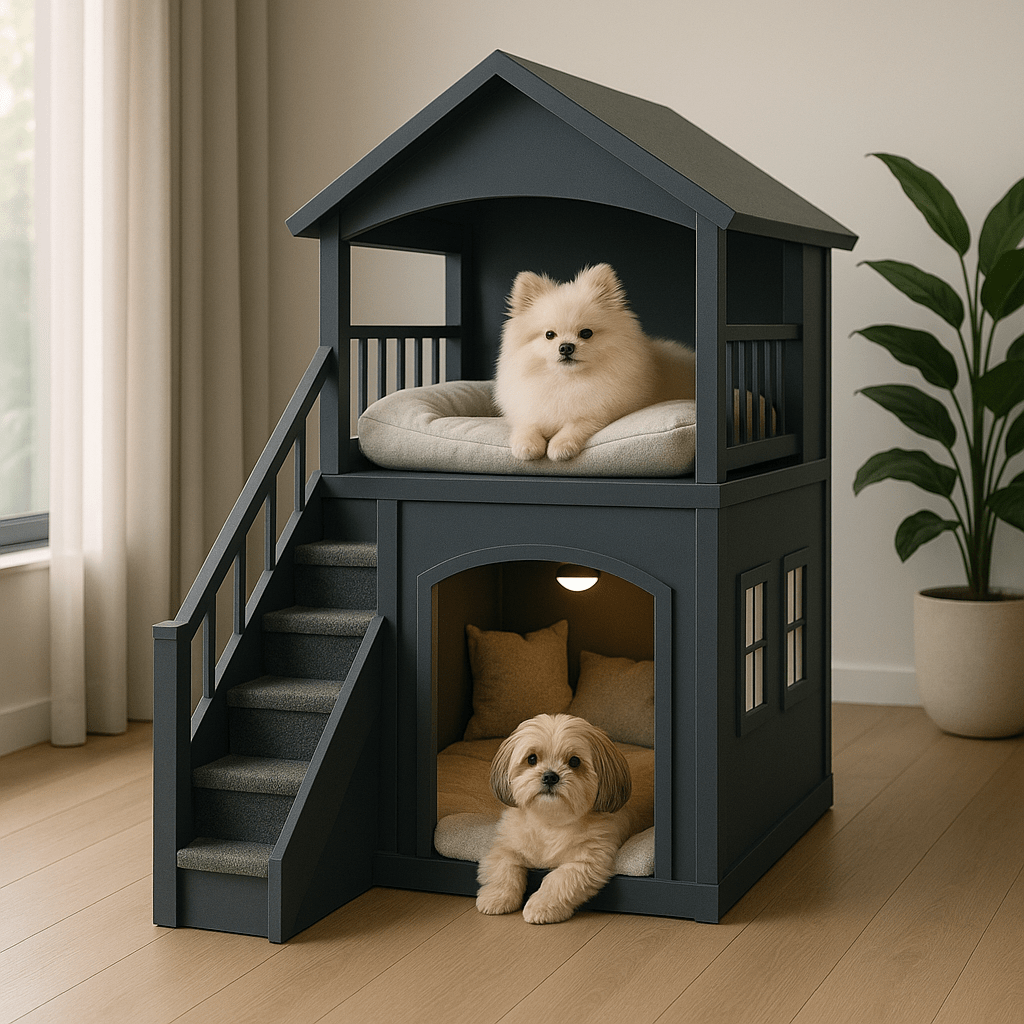 Charcoal grey two-storey indoor dog house with soft cushions, showing two dogs relaxing on different levels.