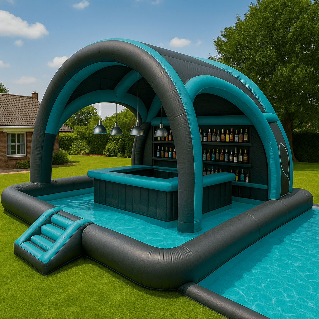 A sleek black and teal inflatable pool bar with canopy and water seating area.