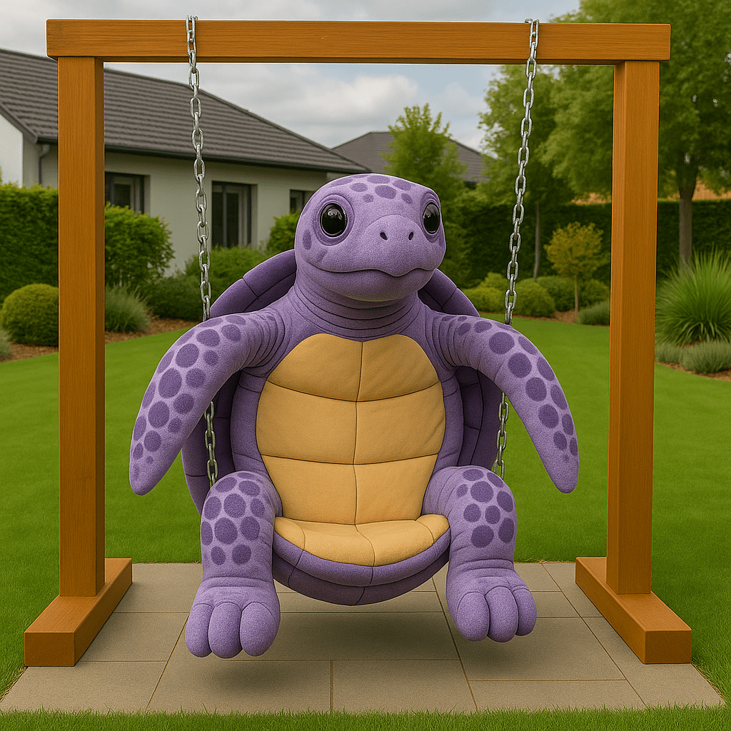A whimsical purple turtle-shaped swing chair with a soft yellow cushioned shell, hanging in a landscaped garden.