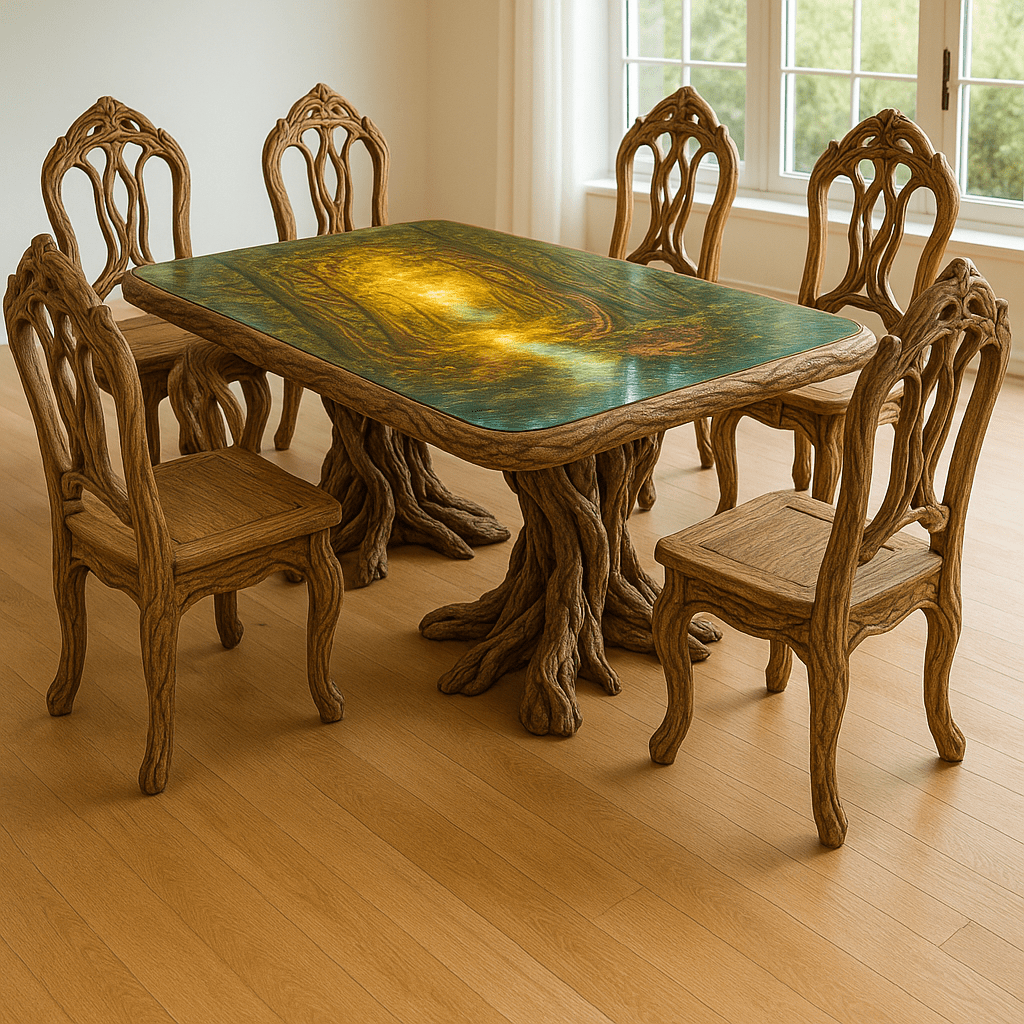 Fantasy-style table with glowing golden forest path artwork surrounded by intricate wooden chairs