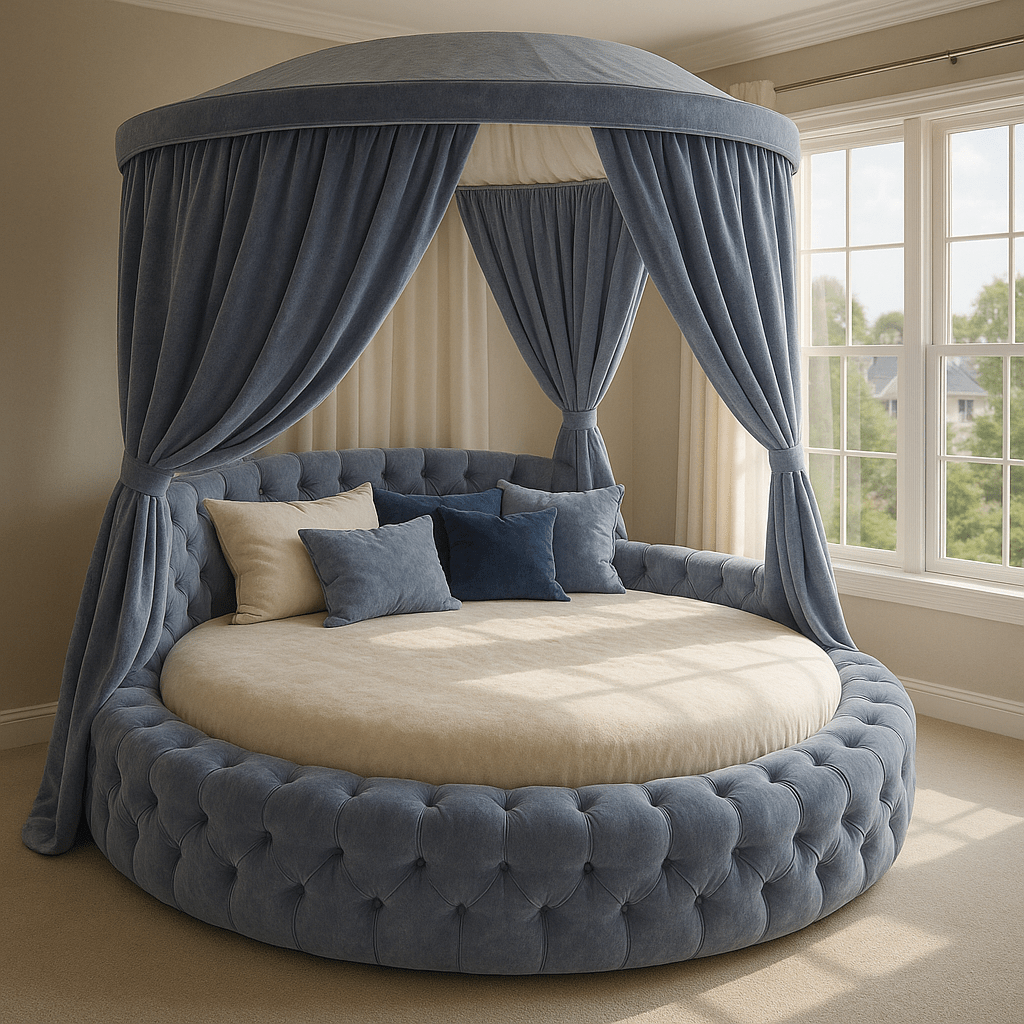 Modern muted blue round canopy bed with draped canopy and layered cushions.
