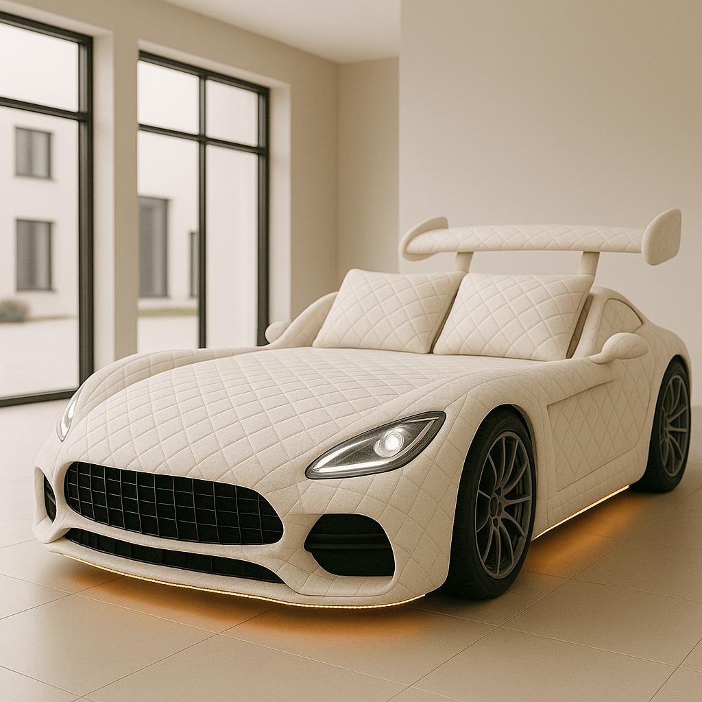 Modern ivory white car-shaped bed with diamond quilted upholstery and soft LED lighting beneath.