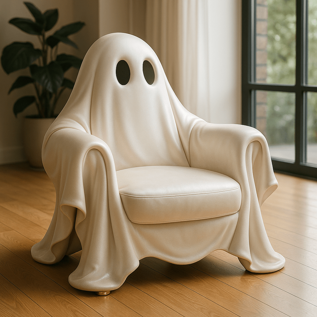 A cream ghost armchair with a luxury finish and ghostly draped design, styled beside a window.