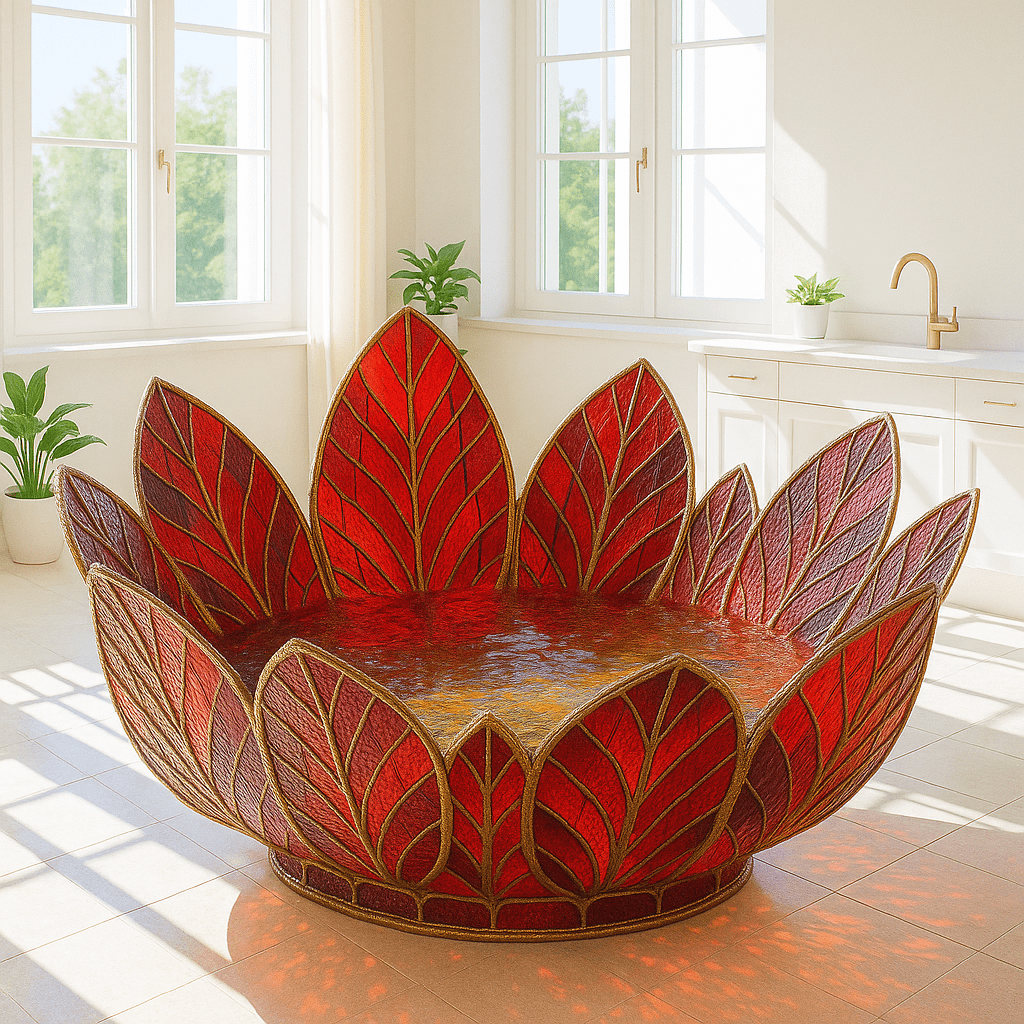 Bold red lotus flower bathtub with gold trim in a sunny bathroom setting.