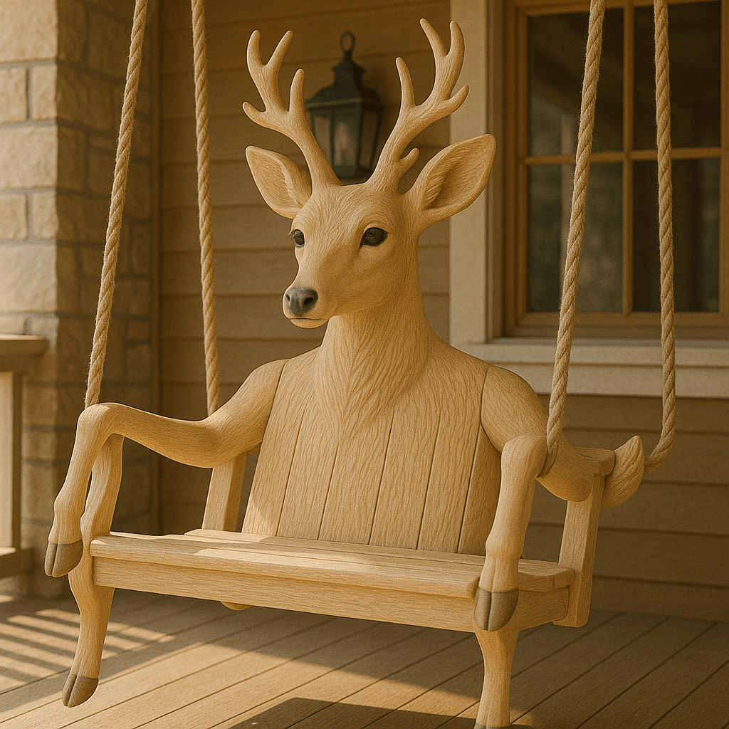 Elegant wooden porch swing chair featuring a deer with carved antlers and serene expression.