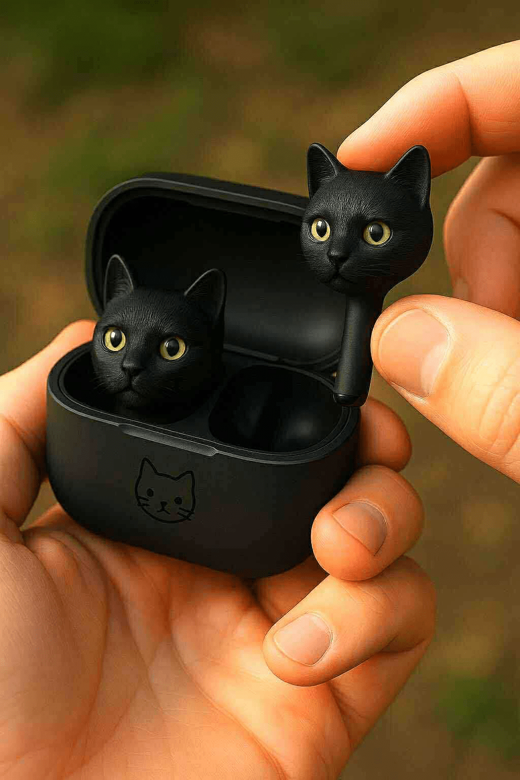 Black cat earbuds with bright eyes in a sleek black charging case.