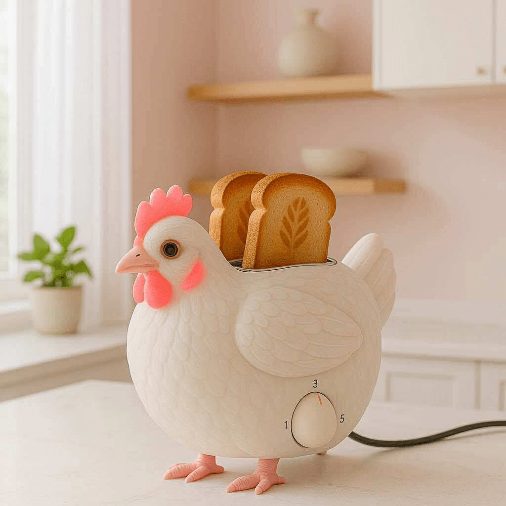  A white hen-shaped toaster with pink details, sitting on a cream countertop with toast.