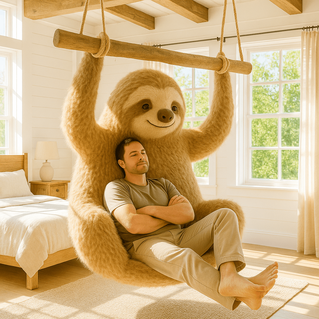 A honey blond oversized sloth swing chair with a man lounging inside, set in a bedroom with large sunny windows.