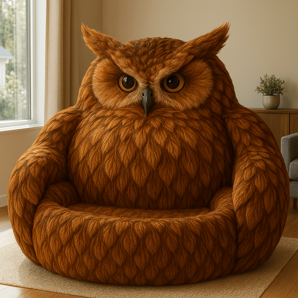 Bold orange owl-shaped novelty armchair with feather-textured upholstery in a contemporary living room.