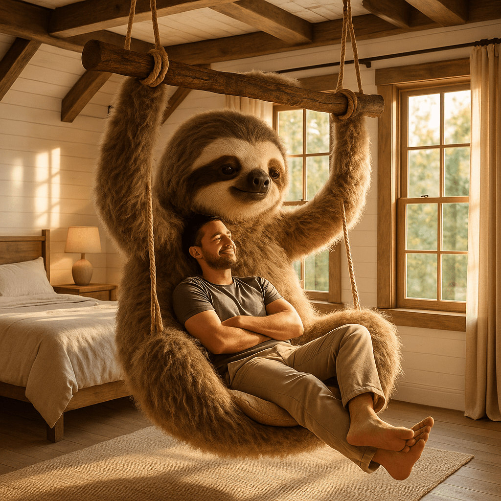A brown oversized sloth swing chair holding a relaxed man, placed in a bedroom with wooden beams and warm sunlight.