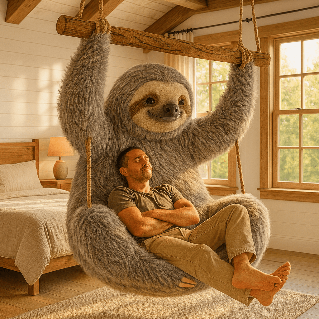 A grey oversized sloth swing chair with a man sitting comfortably inside, set in a warmly lit bedroom.