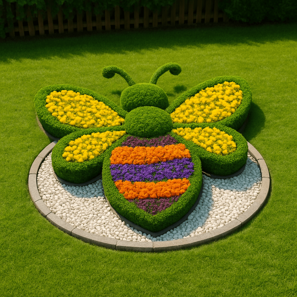 Bright flower bed shaped like a bee, with yellow wings and a striped purple and orange body