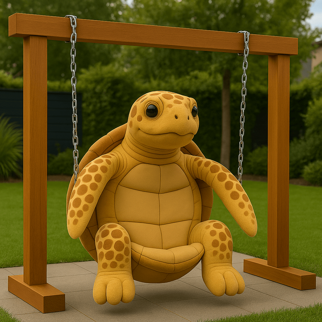 A warm golden yellow turtle swing chair with a patterned shell, suspended from a wooden outdoor frame.