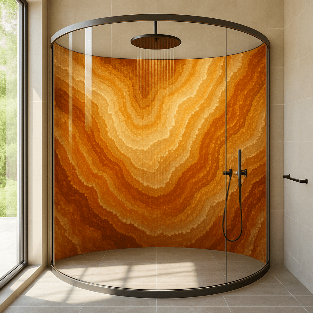 Stylish shower enclosure with warm orange and cream geode-inspired feature wall and rainfall shower