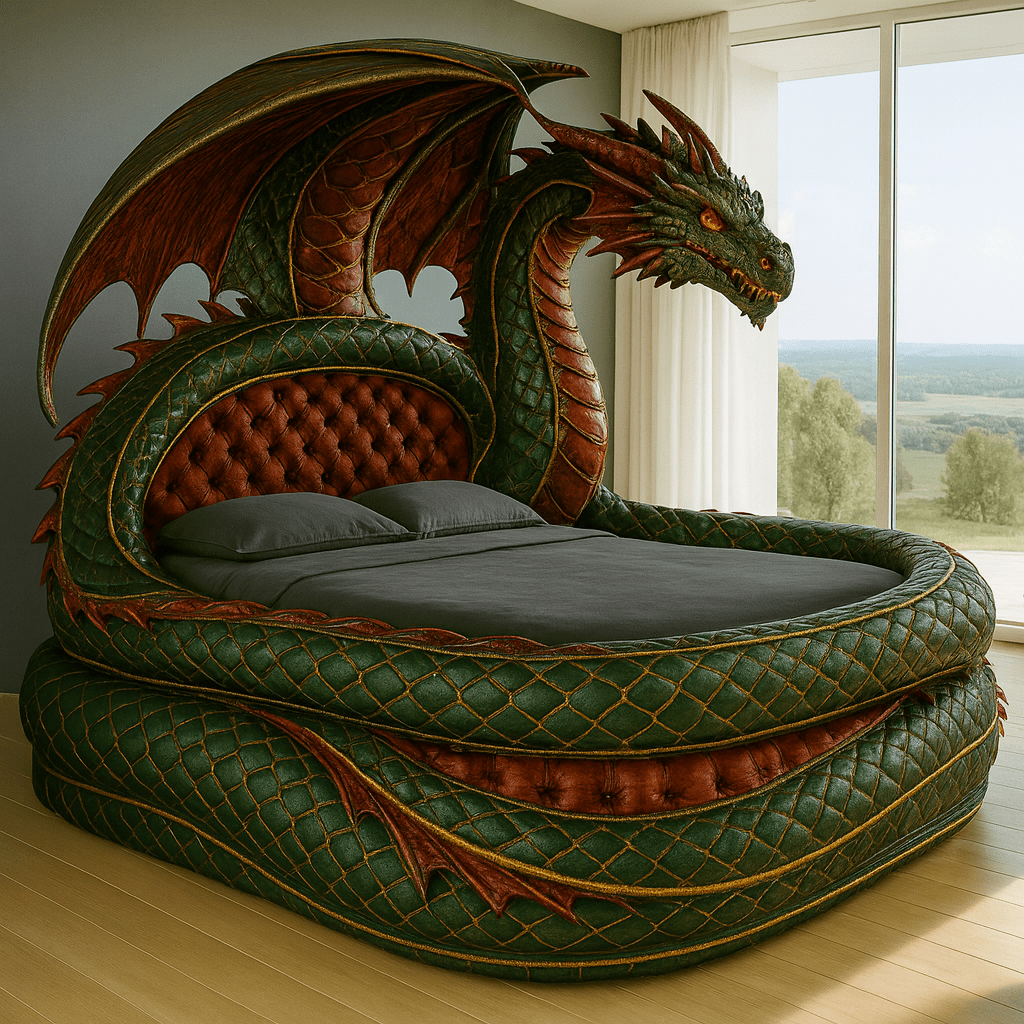 Vibrant green dragon bed with red wing and scale details, styled in a light-filled modern bedroom.