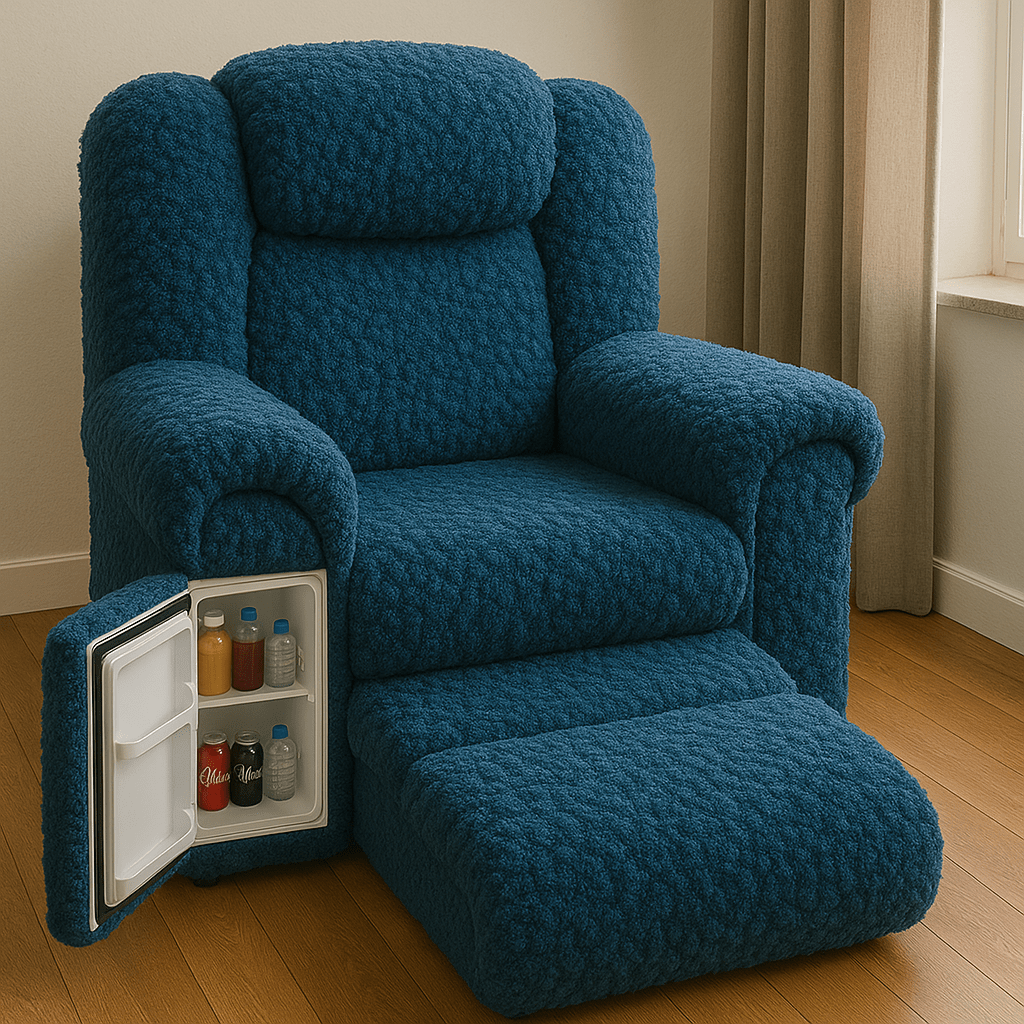 Teal blue oversized armchair with soft textured upholstery and side fridge filled with beverages.