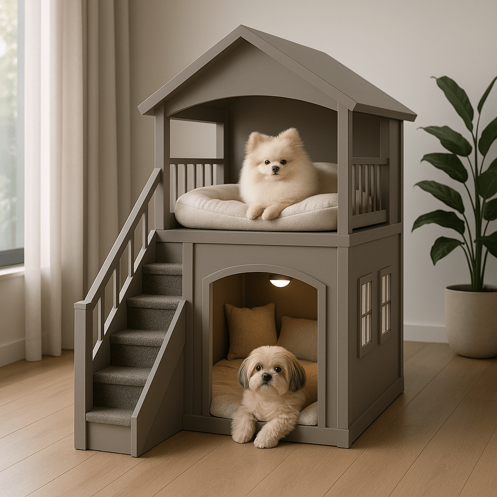 Taupe-coloured two-storey indoor dog house with cushioned bedding, staircase, and two small dogs.
