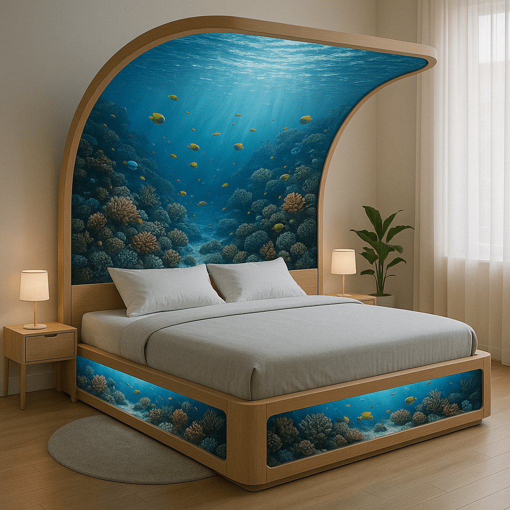 Underwater bed with natural wood frame and vibrant coral reef scene