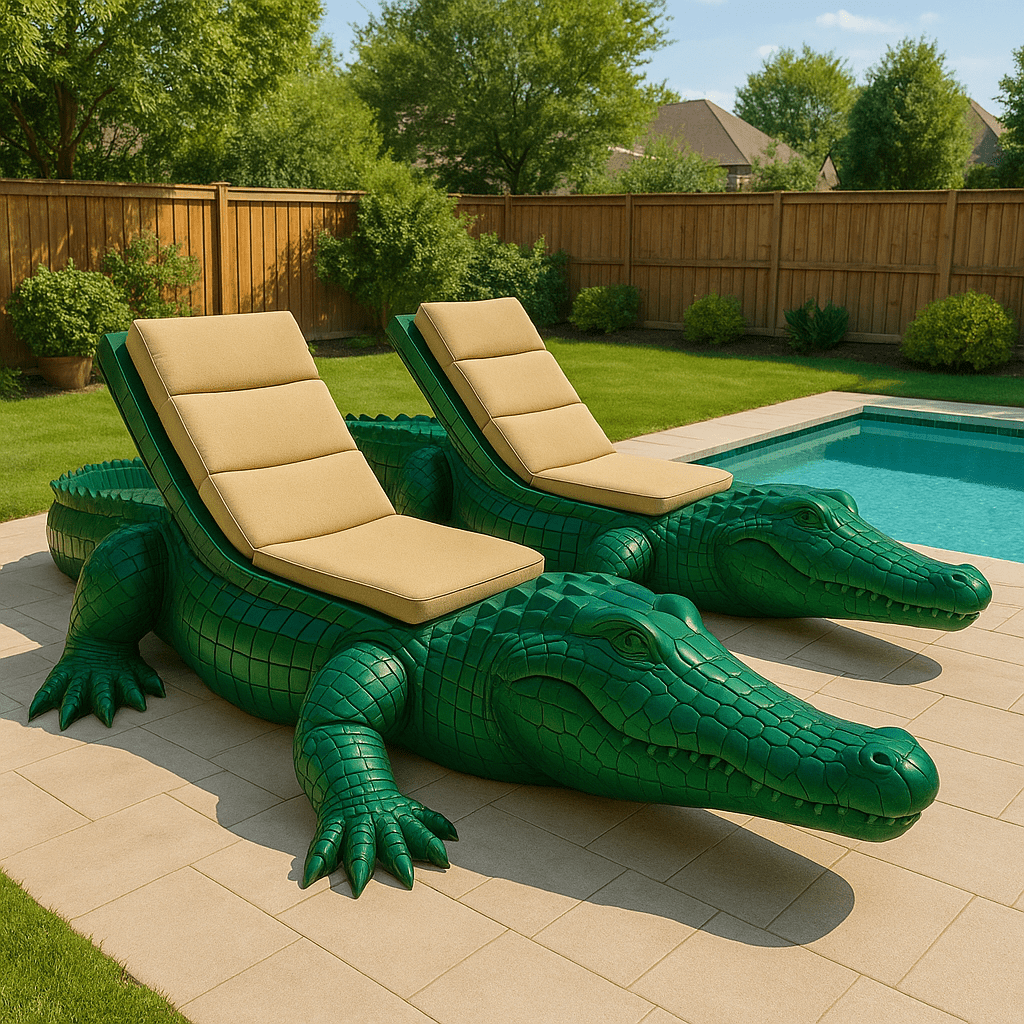 Pair of oversized emerald green alligator-shaped loungers with beige cushions beside a pool in a landscaped garden.