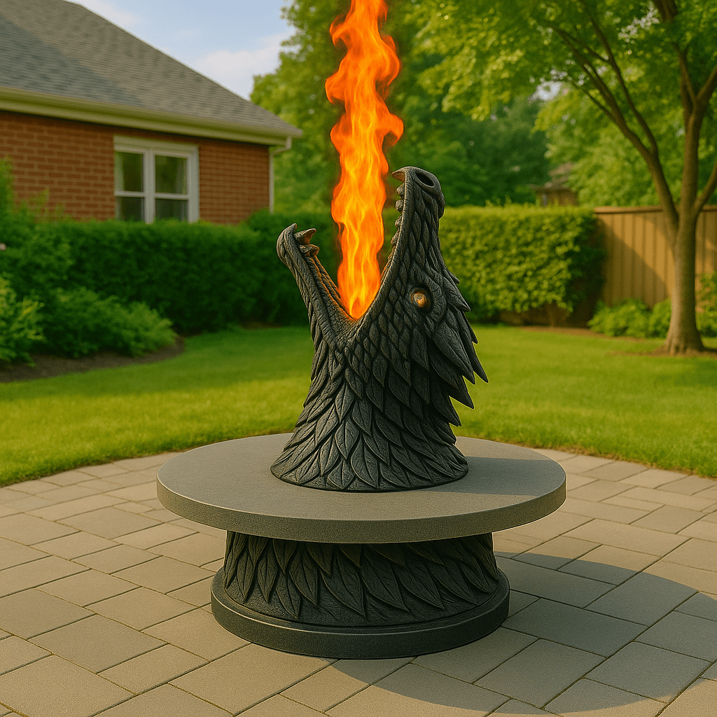A black dragon head firepit table with intricate detailing and flames, placed on a stone patio surrounded by greenery.