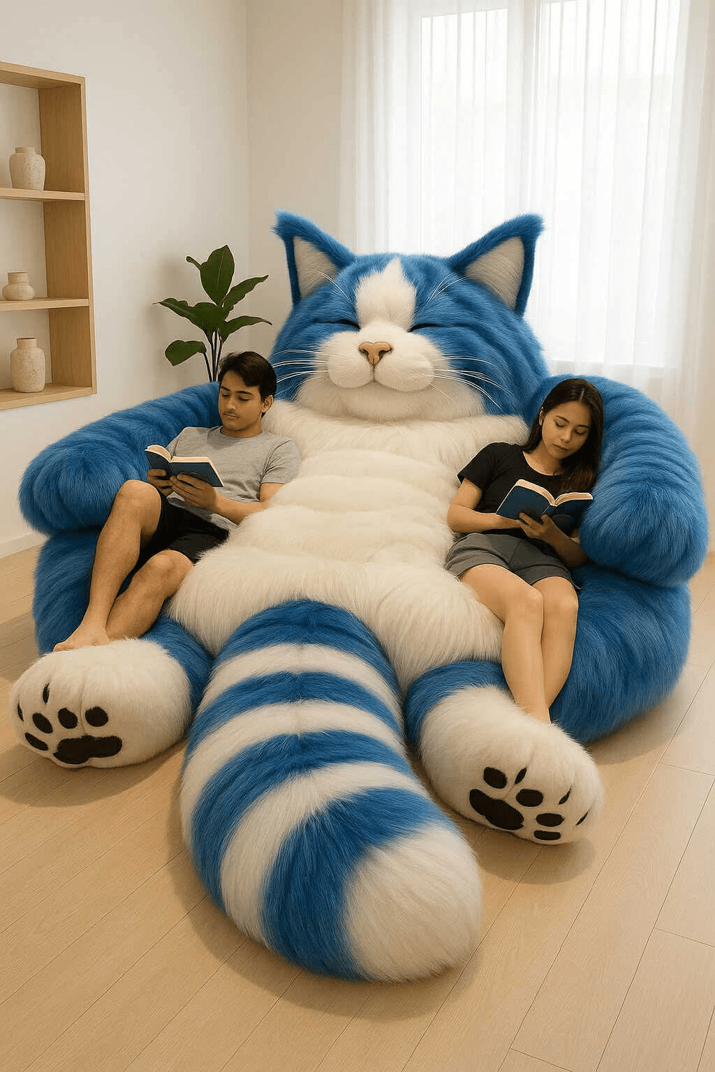 Bold blue and white oversized cat-shaped chair with two people reading, one on each side of its lap.