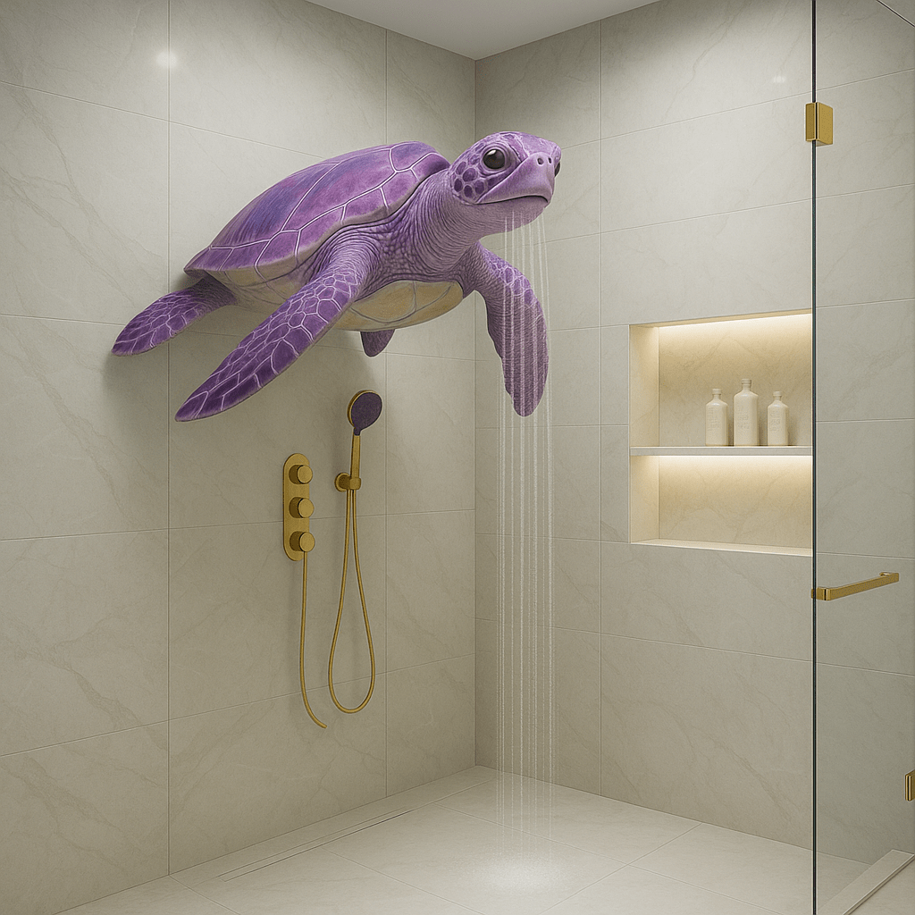 A playful purple turtle shower head installed in a modern shower with golden accents.