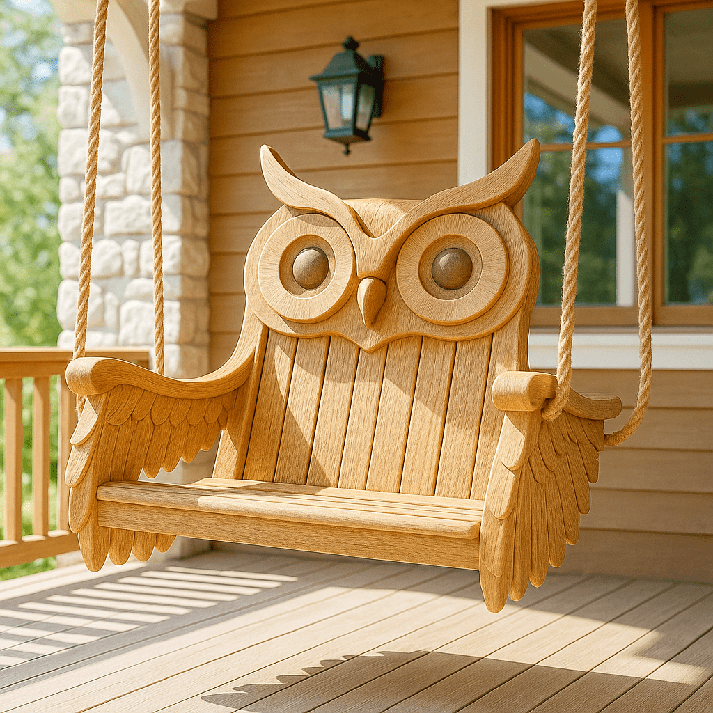 Quirky wooden porch swing chair shaped like an owl with large carved eyes and outstretched wings.