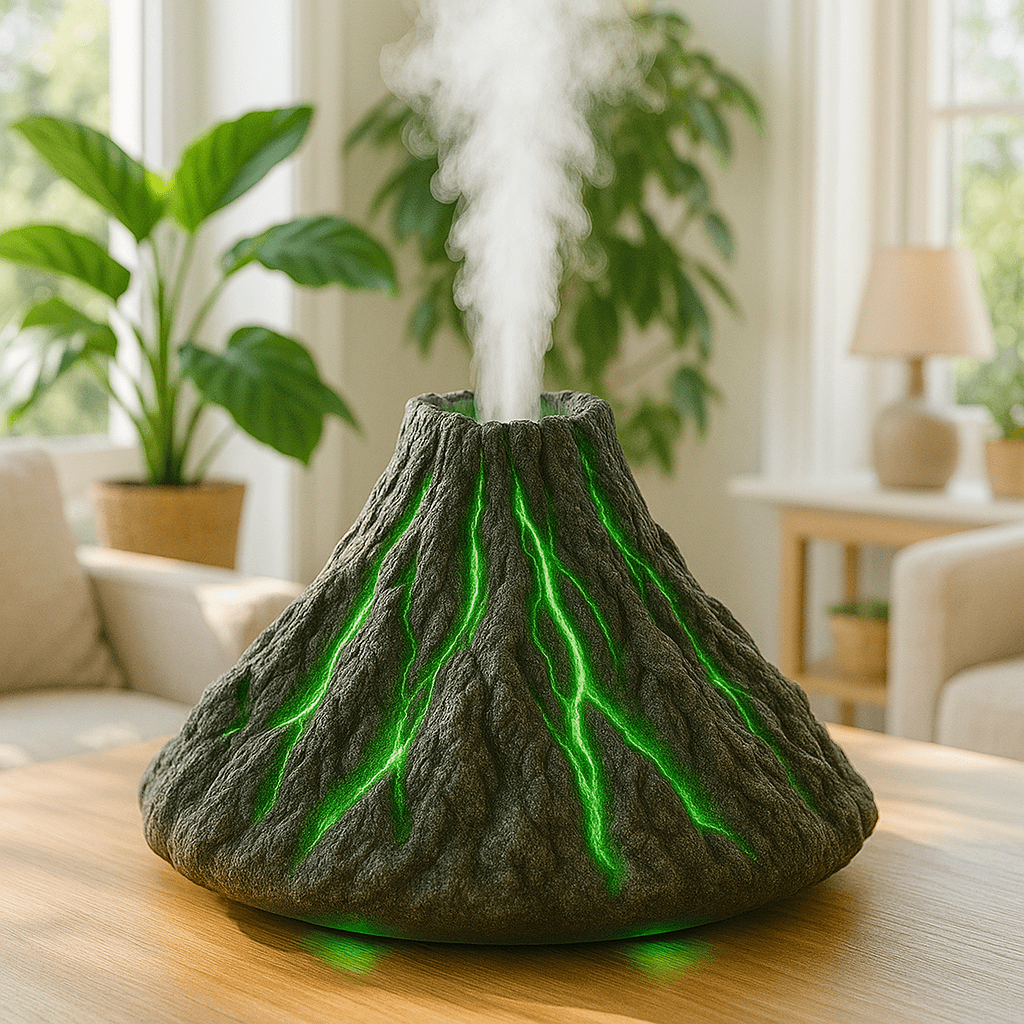 Volcano-shaped aroma diffuser releasing steam with glowing green lava-effect LED lights.