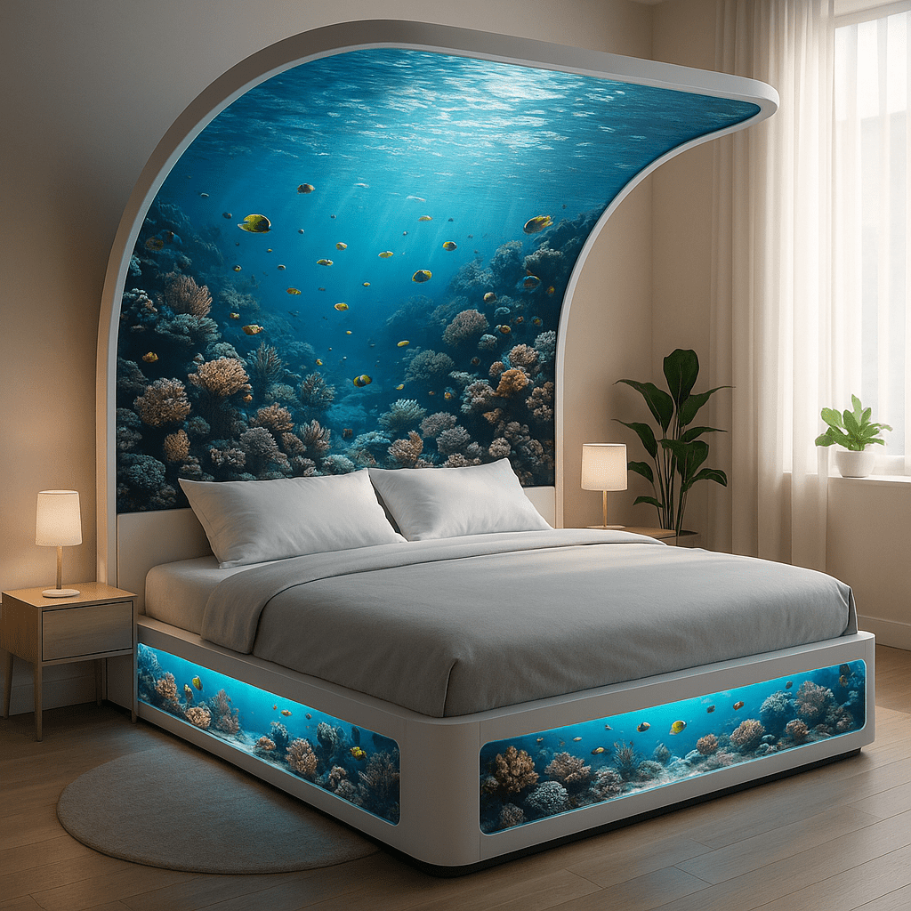 Modern underwater bed with white frame and tropical coral imagery