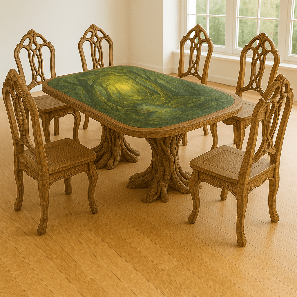 Forest-themed dining table and chairs featuring woodland textures and organic shapes