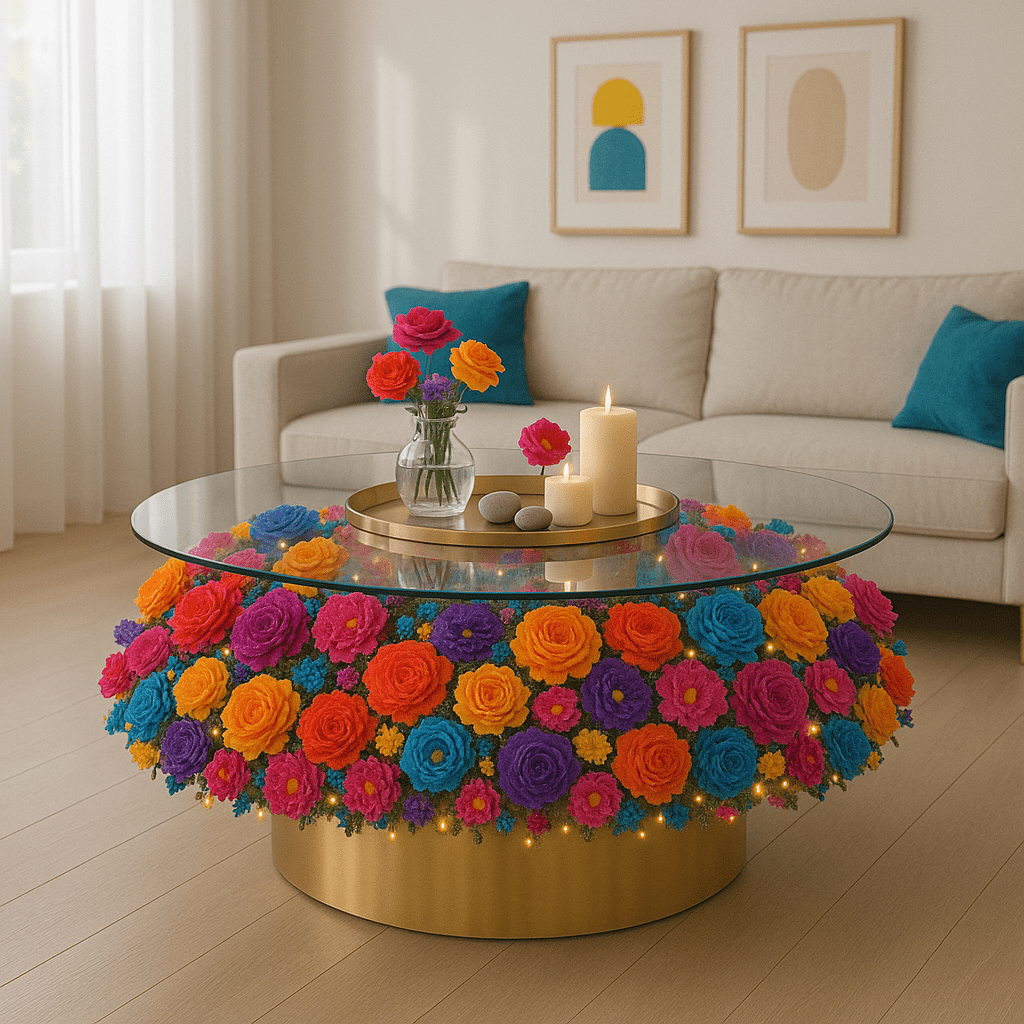 Glass coffee table with gold base and vibrant floral arrangement featuring orange, hot pink, blue, and purple flowers.