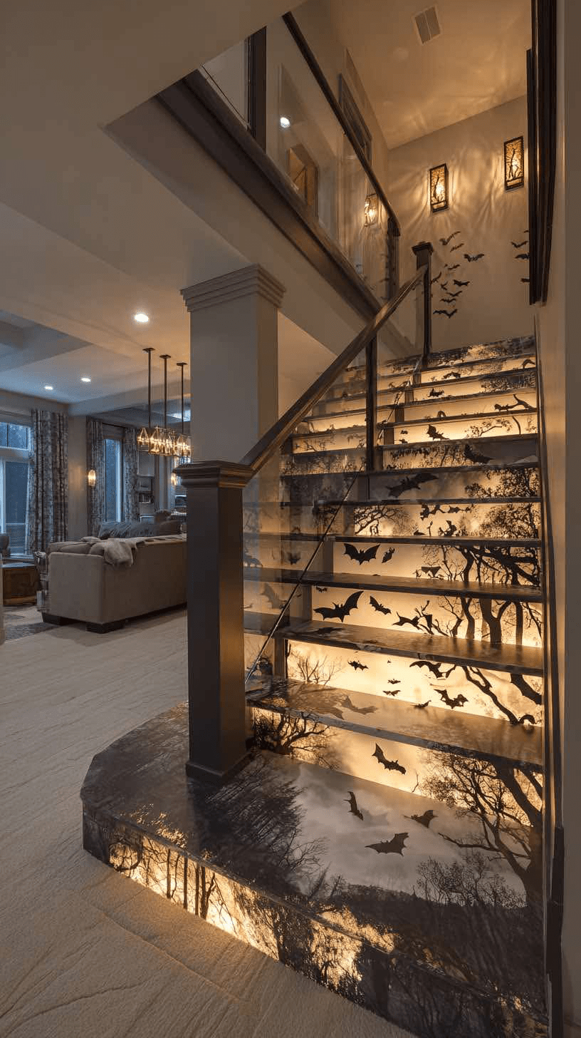 Staircase decorated with flying bat silhouettes and glowing woodland background.