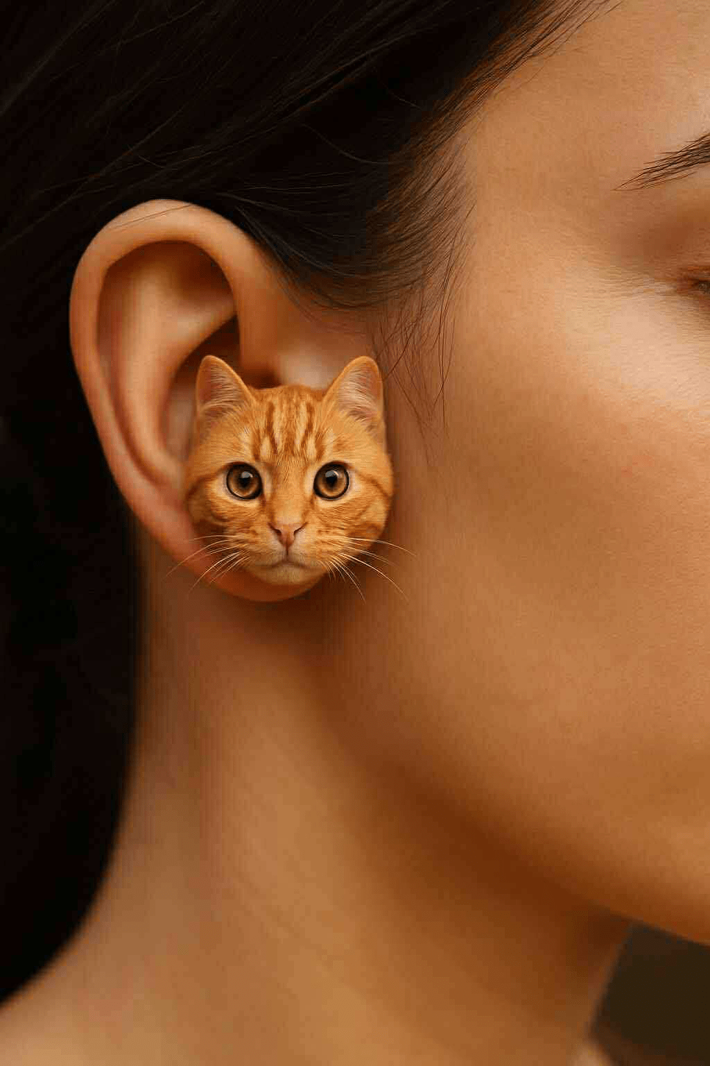 Ginger cat face earring worn on ear, realistic feline design.