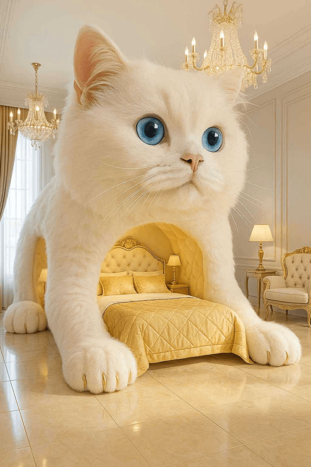 White cat-shaped bed with blue eyes and golden bedding in a chandelier-lit room