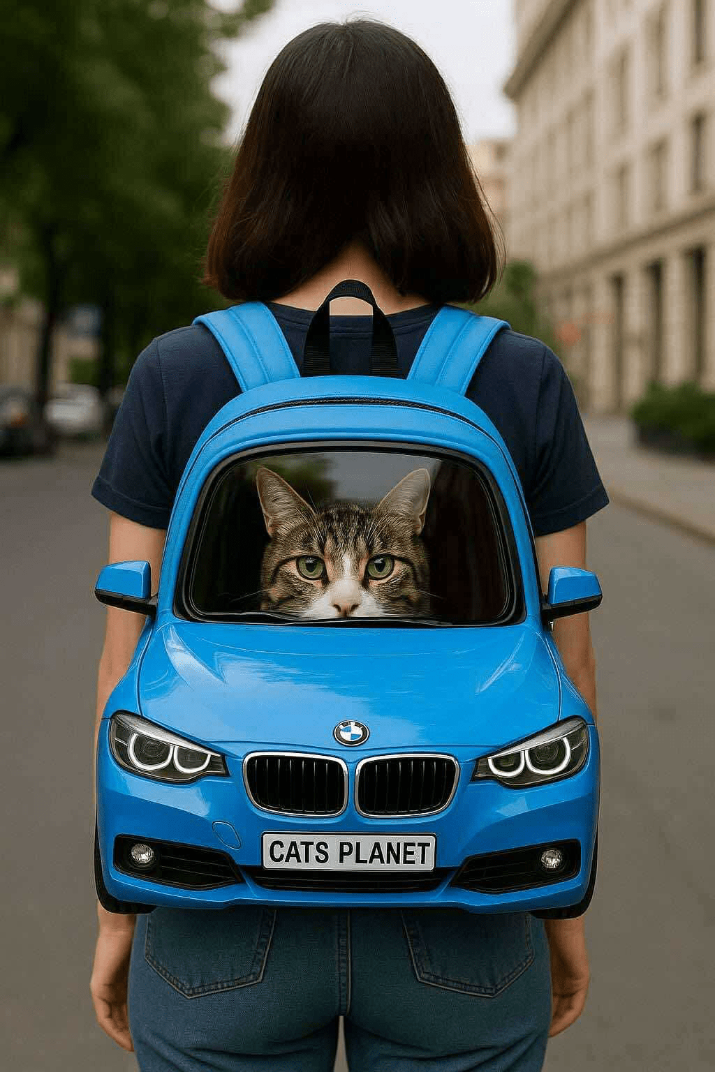 Cat travelling inside a blue car-shaped backpack worn on a person’s back.