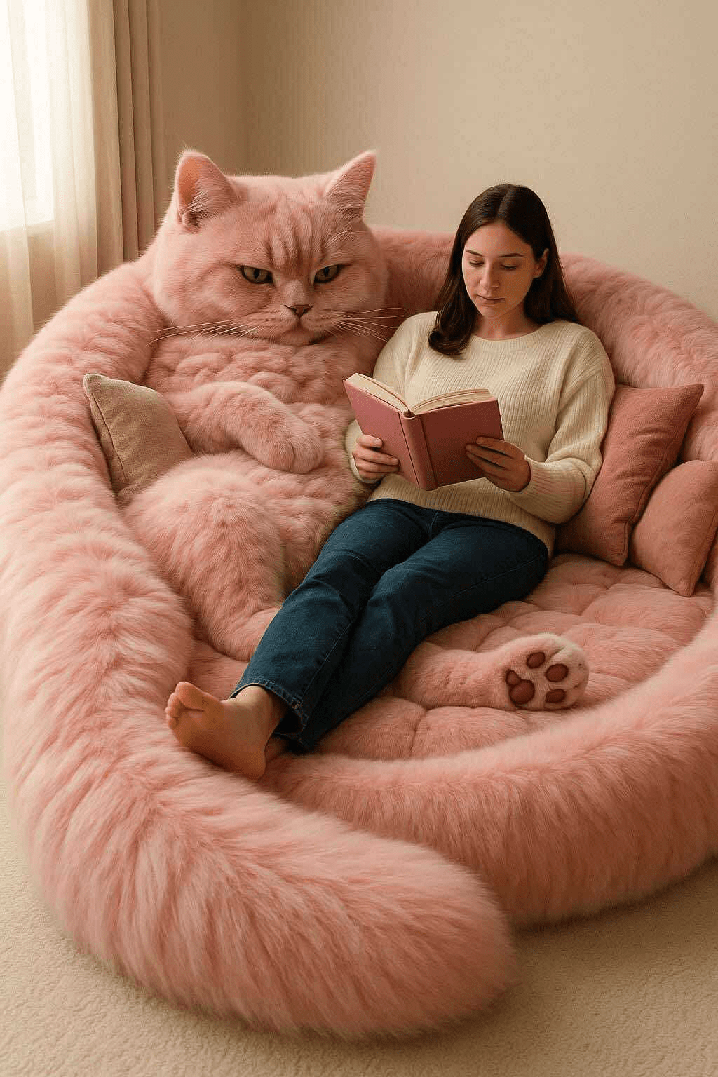 A woman reading a book while relaxing in a giant pink cat-shaped armchair.