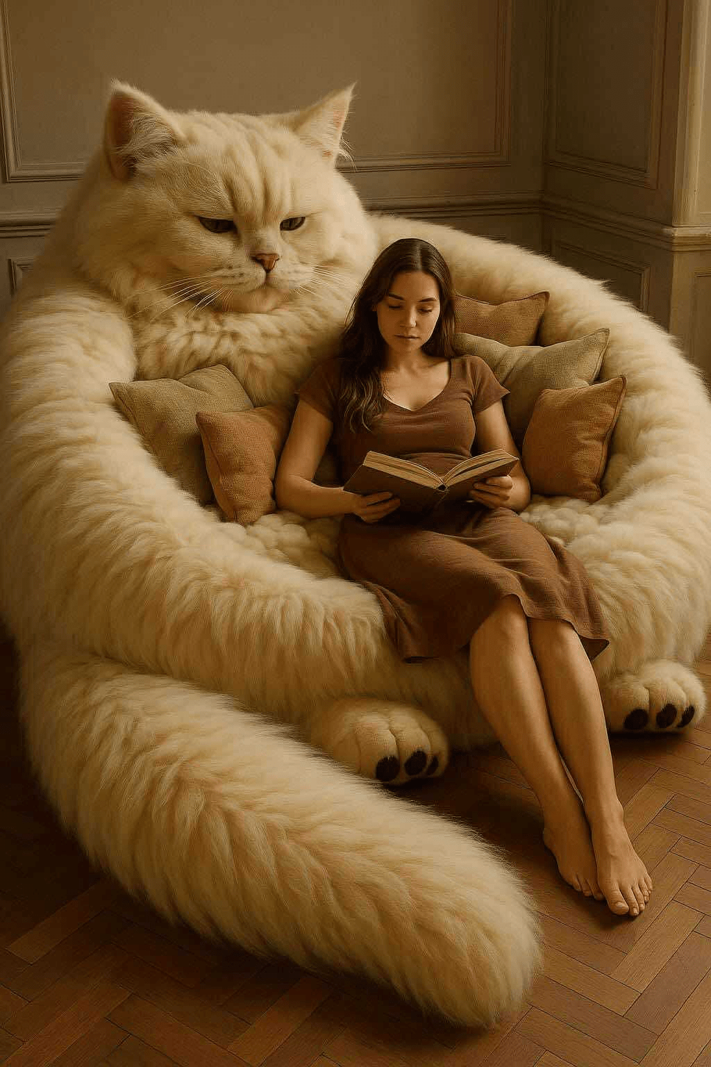 A woman reading a book while seated in a large cream oversized cat armchair.