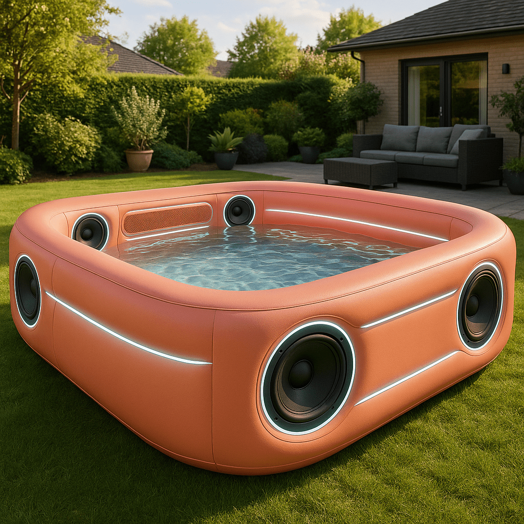 Orange inflatable pool with integrated speakers and LED illumination in a sunny backyard.