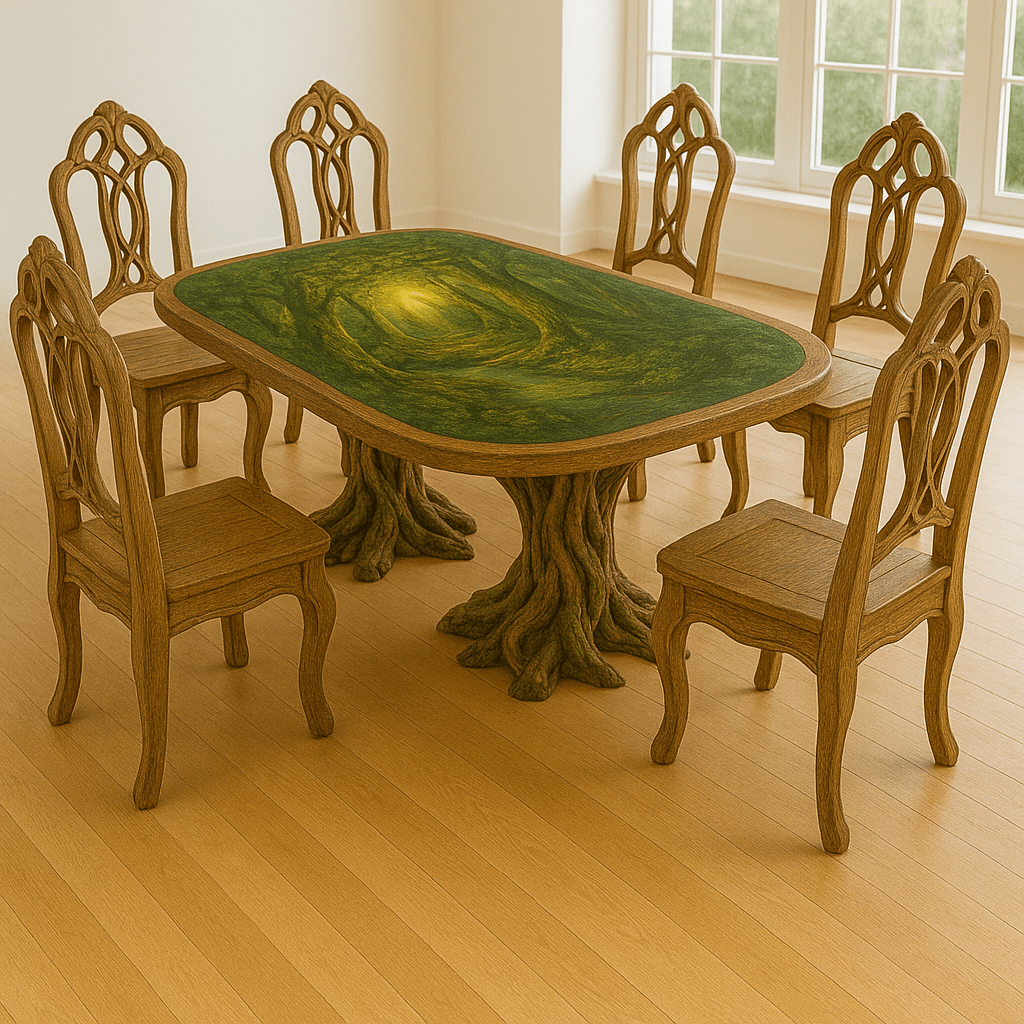 Dining furniture set featuring root-shaped legs and curved wooden chairs in a sunlit interio