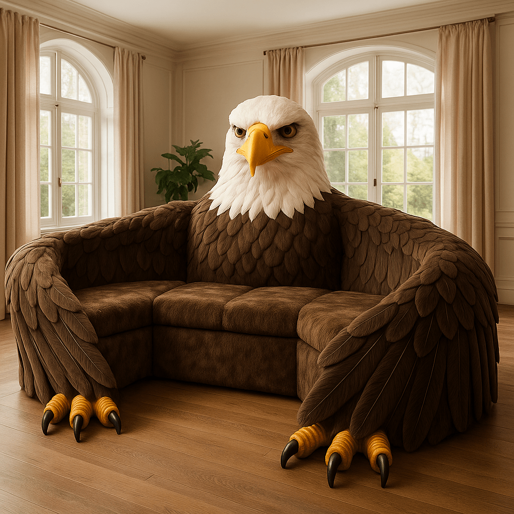 Eagle-shaped sofa in dark brown with white head and yellow claws in a contemporary space