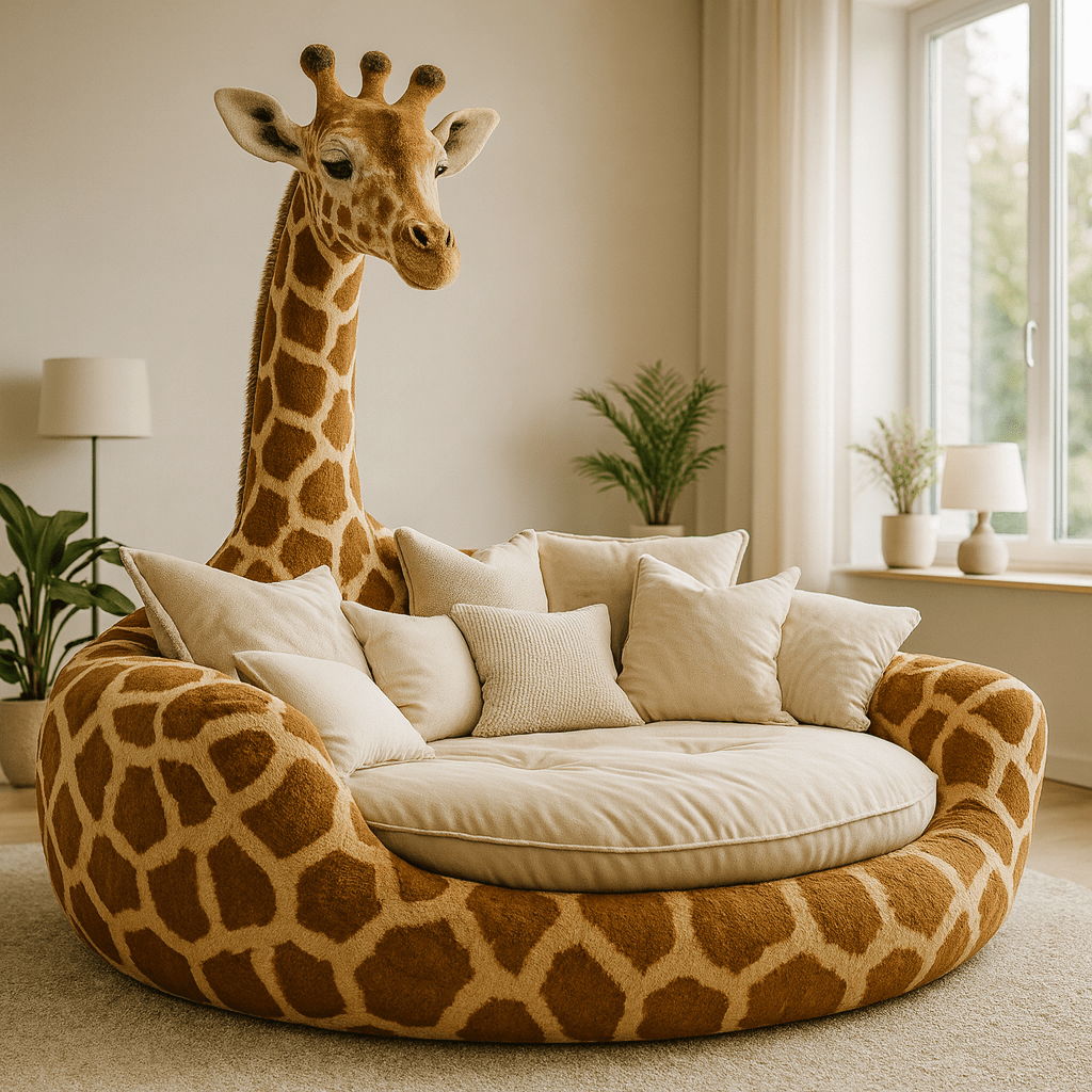 Oversized giraffe sofa in natural brown and beige tones with cream cushions.