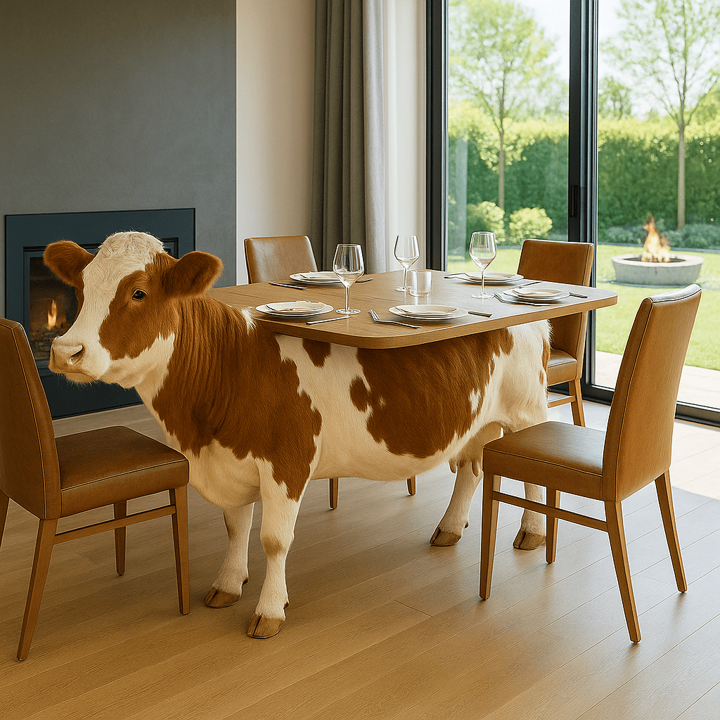 Red and white cow-shaped dining table with dinner settings beside glass doors leading to a garden.